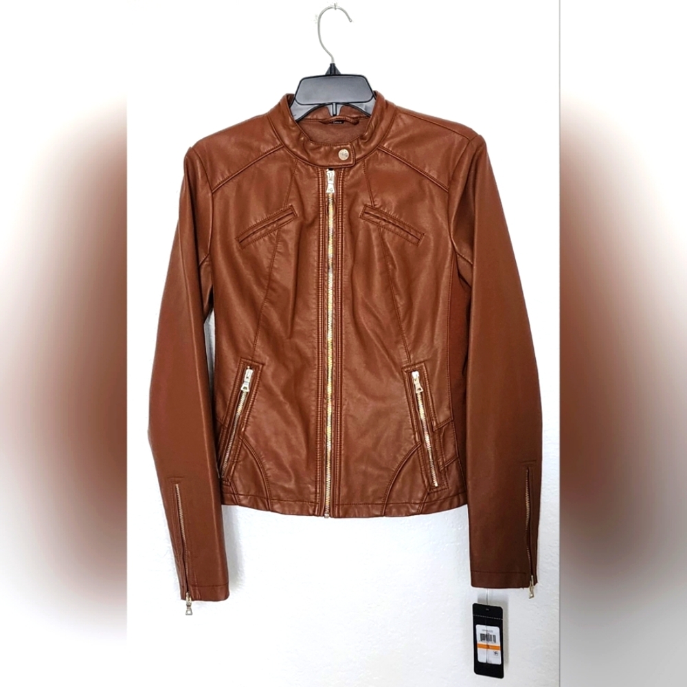 GUESS NWT Women’s Faux Leather, Brown Racer, Band Collar Jacket. Size S